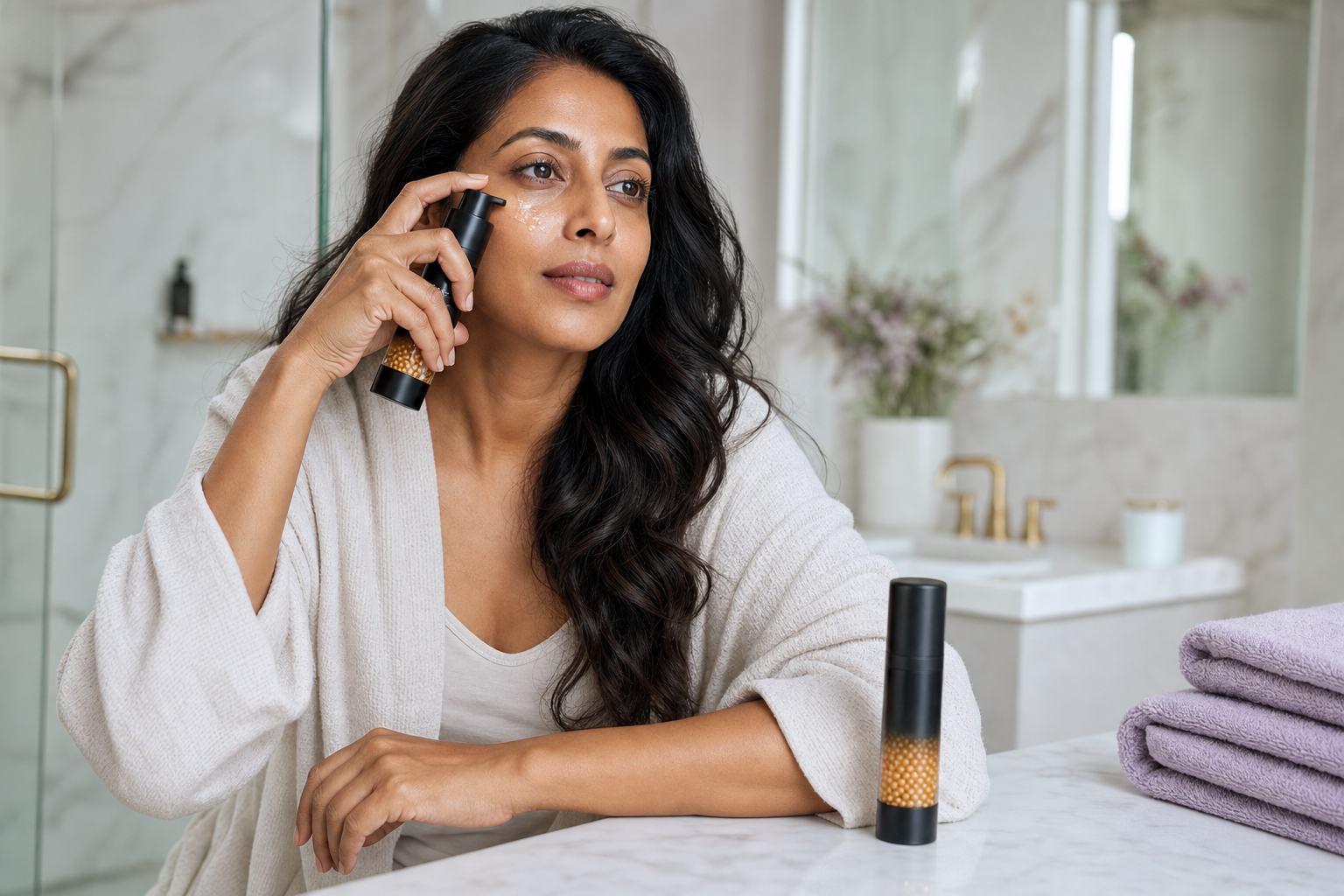 Applying Nuvixir Intra-X serum at the vanity